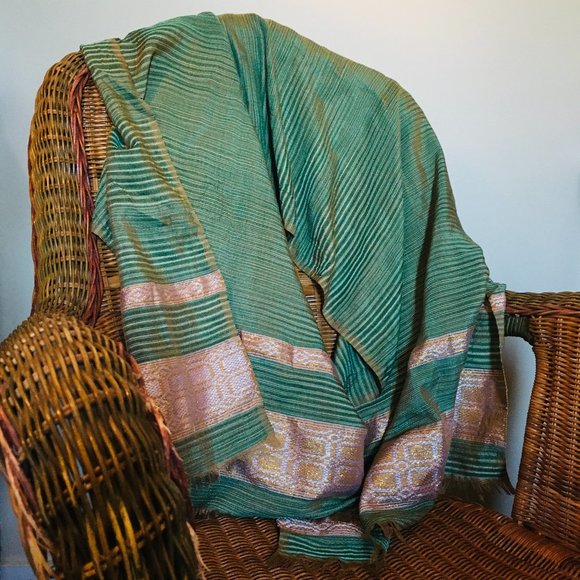 Tibetan Snow Lion Long Green, Gold and Silver Silk Shawl - Picture 3 of 10
